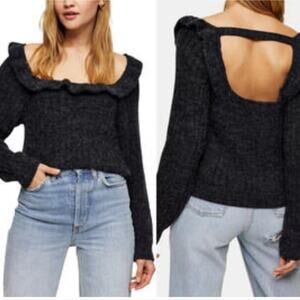 Topshop Chunky Open-Back Ruffle Detail Knit Sweater Charcoal Gray XS